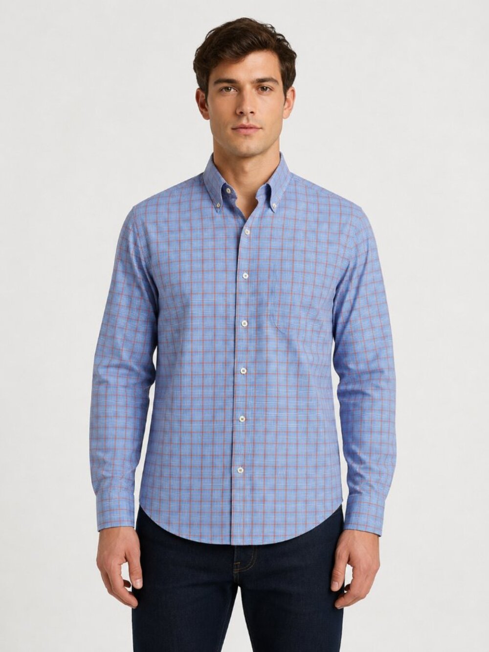 Peter Millar Blue Orange Plaid Button Down Shirt Large 100% Cotton